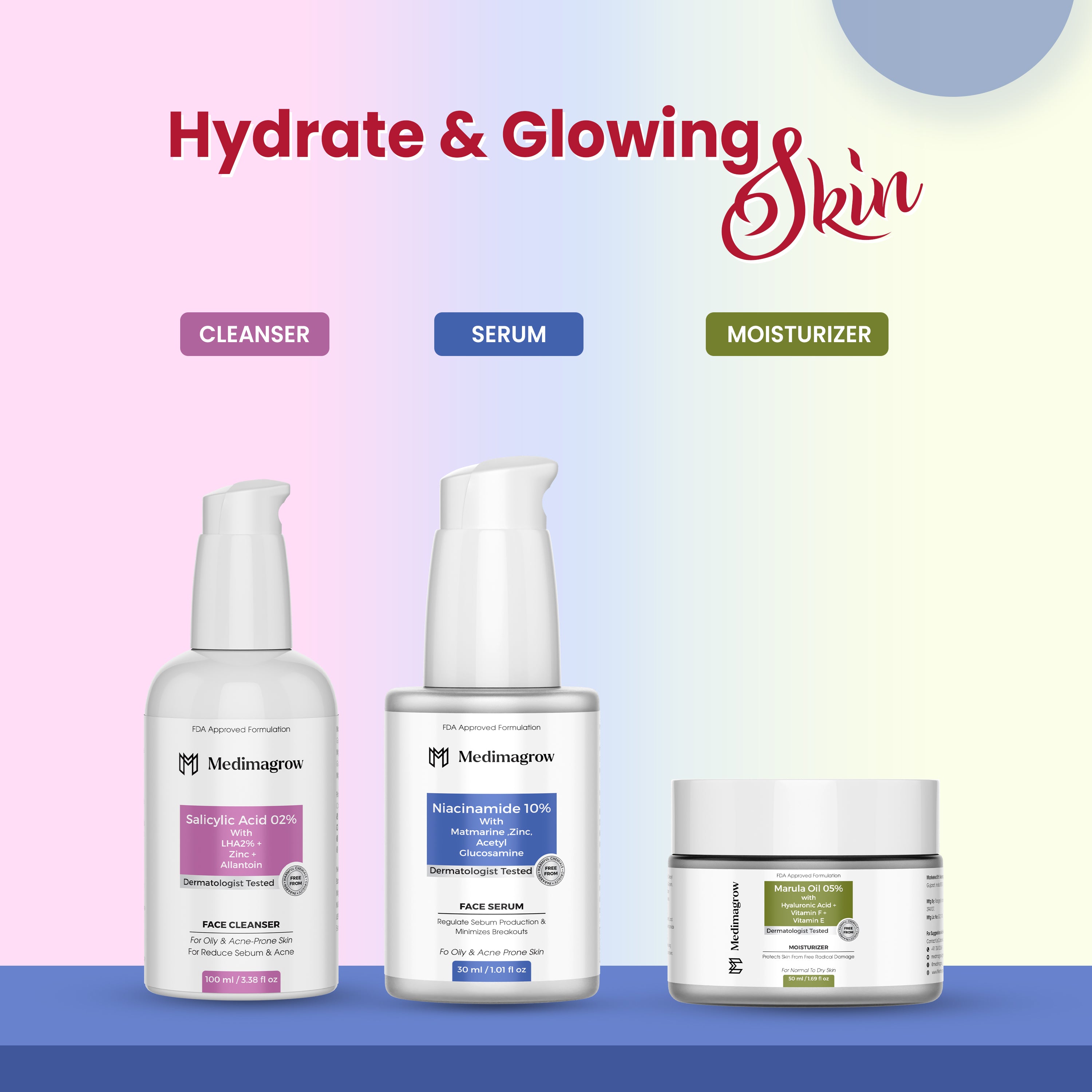 A powerful 3-step combo to fight acne, reduce pores, control oil, and hydrate deeply. Includes Salicylic Acid Cleanser, 10% Niacinamide Serum & Marula Oil Moisturizer for smooth, clear, glowing skin