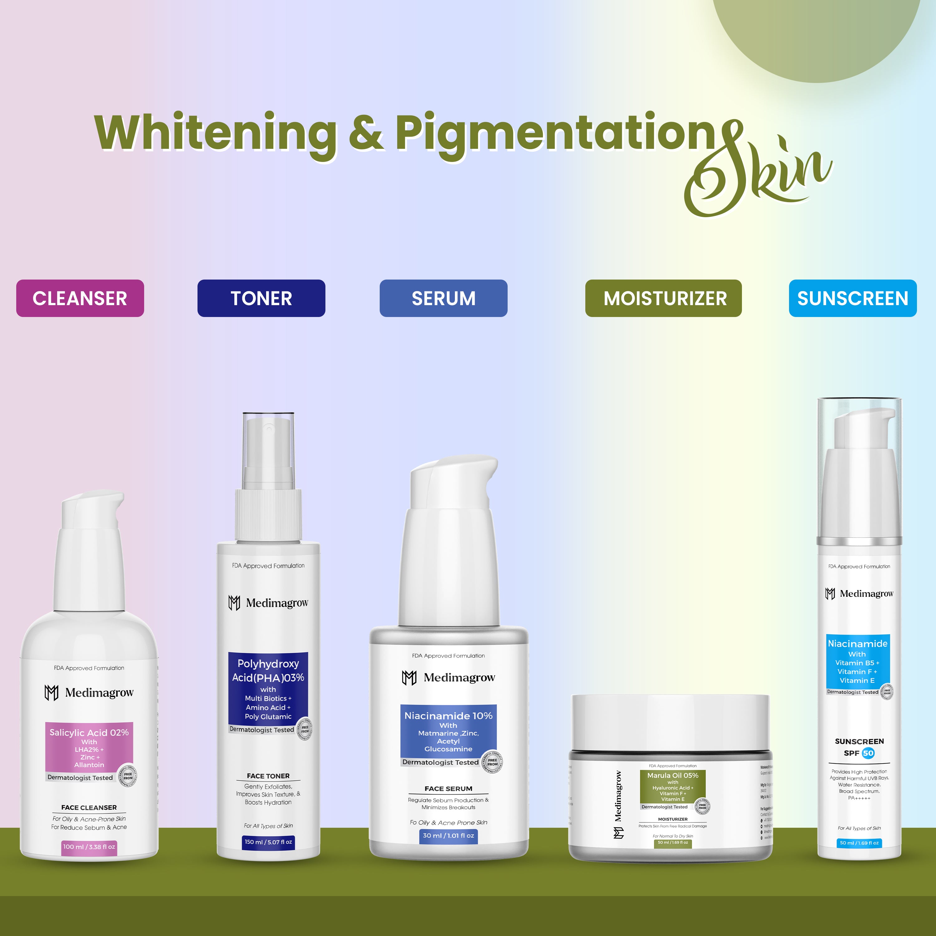 5-in-1 Glow & Pore Care Combo – Salicylic Cleanser, PHA Toner, Niacinamide Serum, Marula Moisturizer & SPF 50