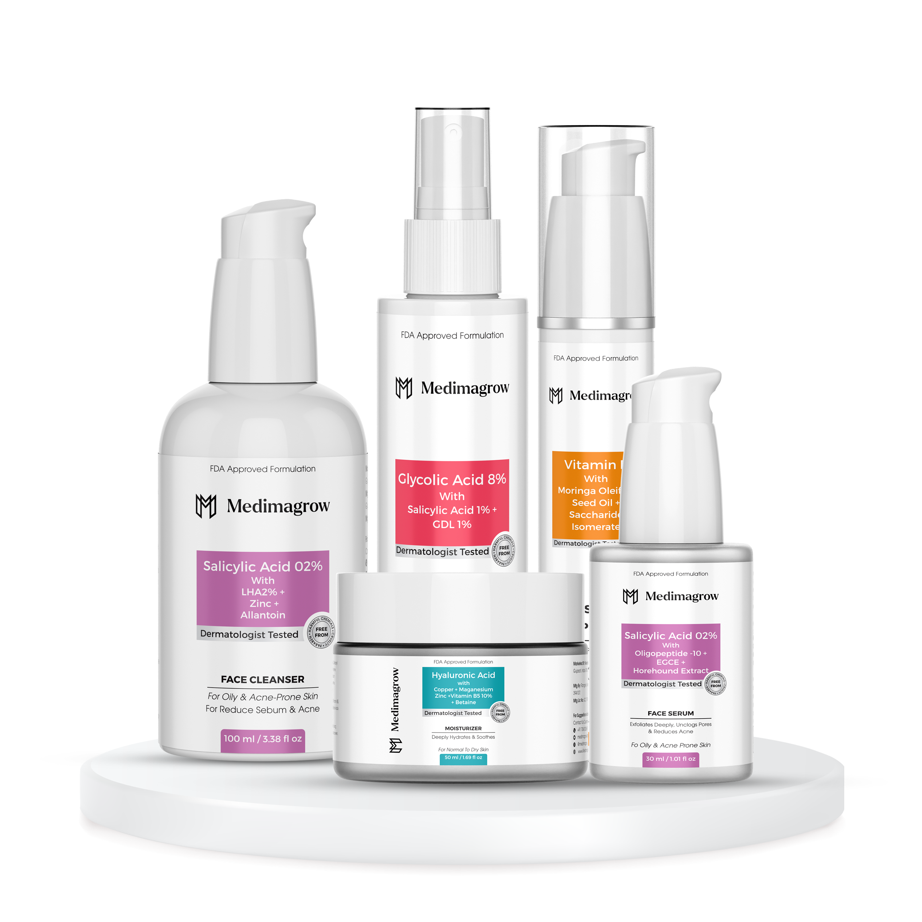 5-in-1 Acne & Glow Skincare Combo – Salicylic Cleanser, Serum, Glycolic Toner, Hyaluronic Moisturizer & SPF 50