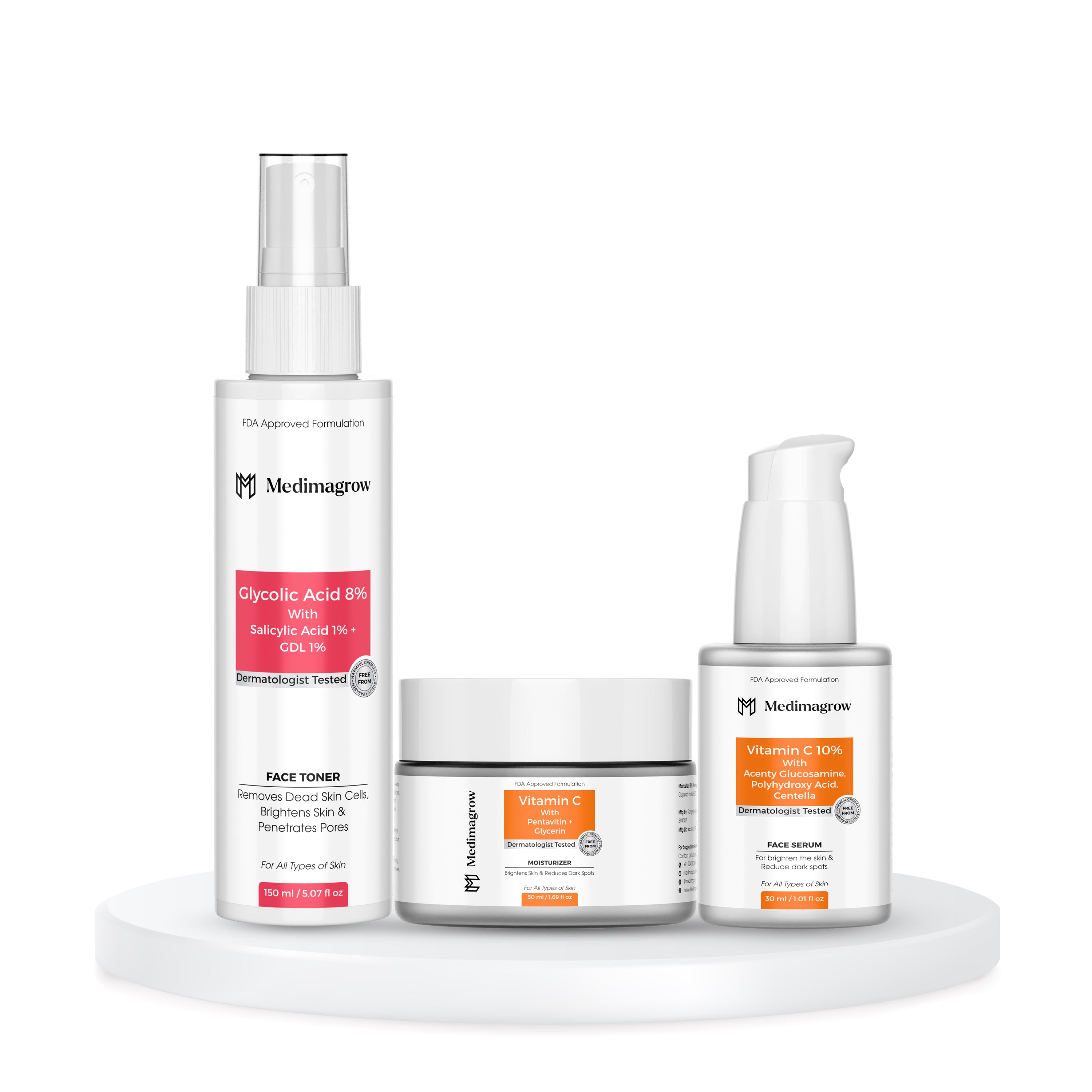Reveal radiant skin with this 3-step combo. Glycolic Acid Toner gently exfoliates, Vitamin C Serum brightens, and the Vitamin C Moisturizer hydrates and improves glow. Ideal for dull, uneven, and pigmented skin.
