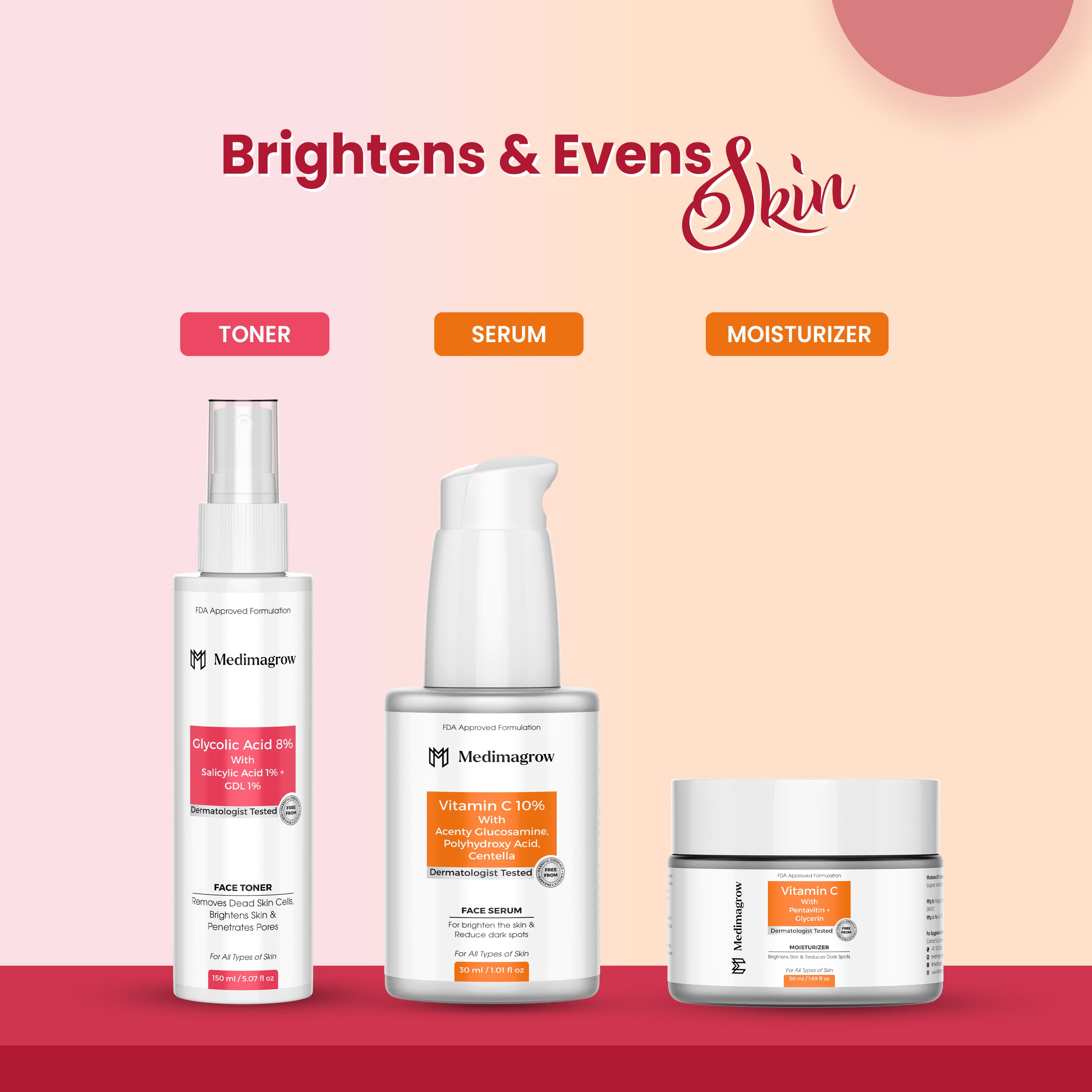Reveal radiant skin with this 3-step combo. Glycolic Acid Toner gently exfoliates, Vitamin C Serum brightens, and the Vitamin C Moisturizer hydrates and improves glow. Ideal for dull, uneven, and pigmented skin.