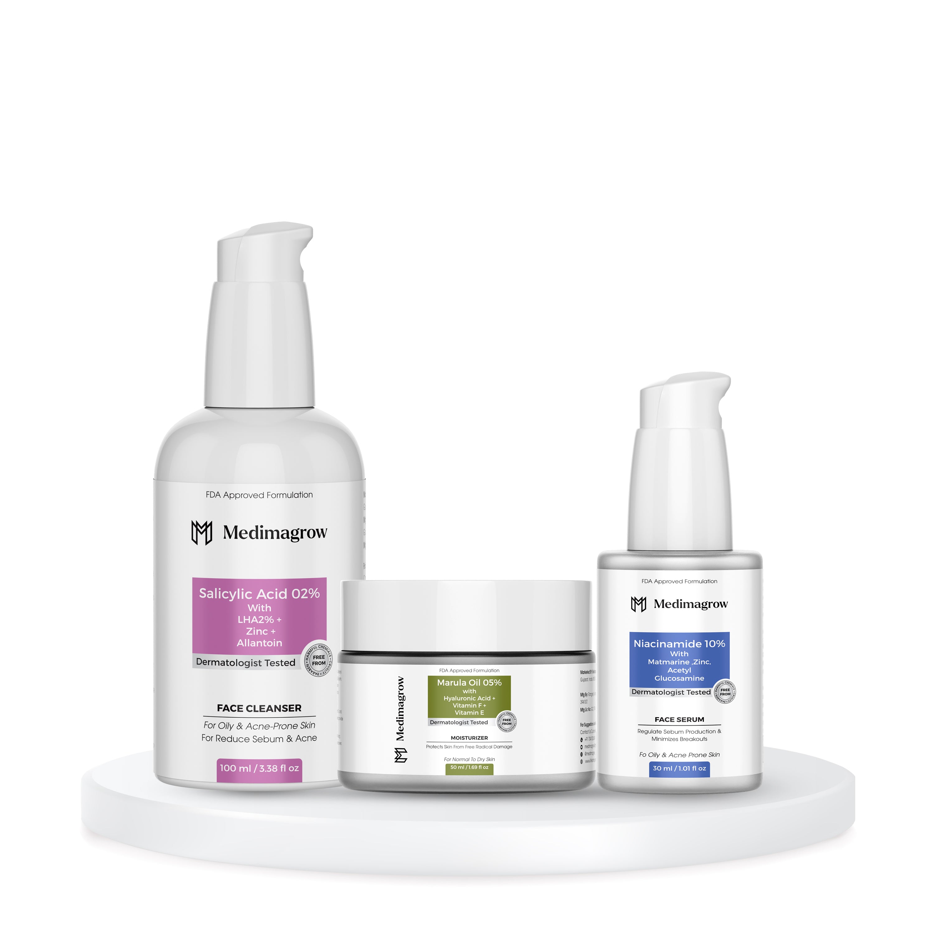 A powerful 3-step combo to fight acne, reduce pores, control oil, and hydrate deeply. Includes Salicylic Acid Cleanser, 10% Niacinamide Serum & Marula Oil Moisturizer for smooth, clear, glowing skin