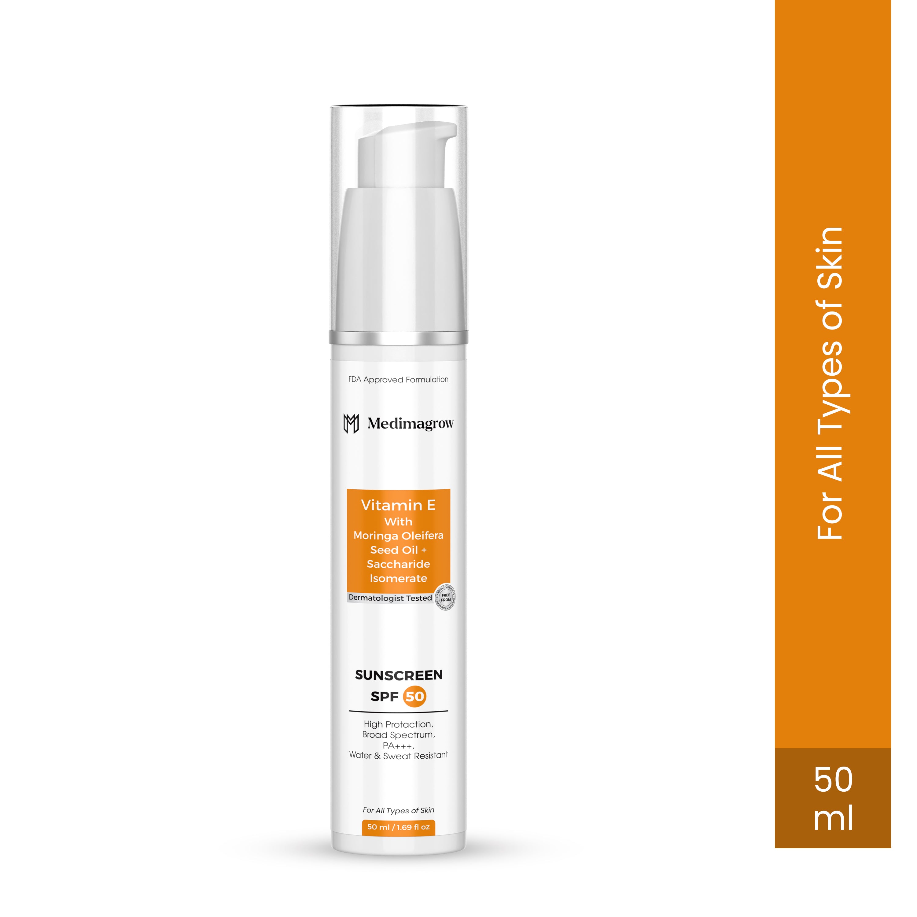 Medimagrow SPF 50 PA+++ Broad Spectrum Sunscreen | With Moringa Oil, Vitamin E & Saccharide Isomerate | Lightweight, Water-Based, Non-Greasy Sunscreen for All Skin Typeshol ❌ Mineral Oils ❌ Artificial Fragrance ❌ Silicone ❌ Dyes