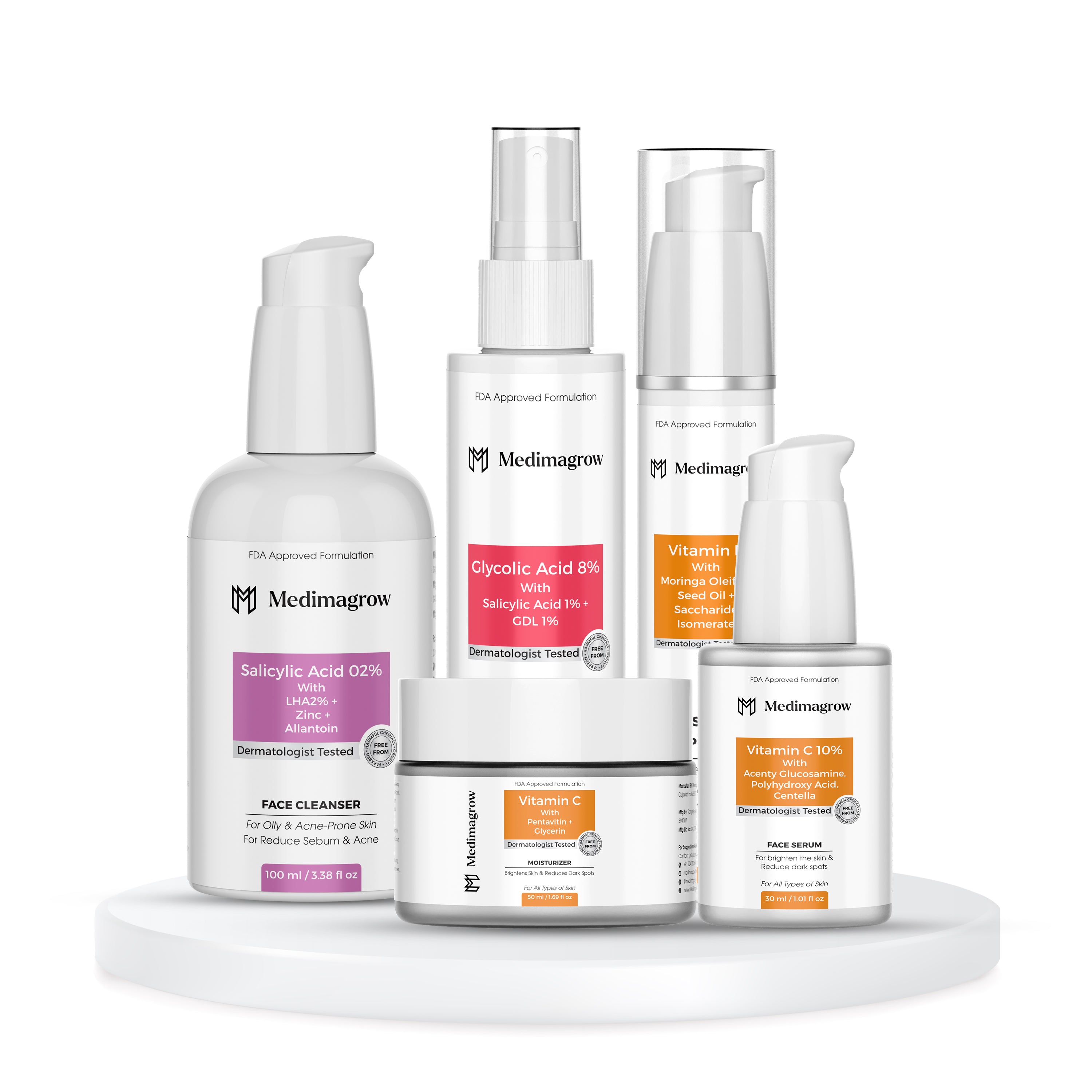5-in-1 Skin Brightening Combo – Salicylic Cleanser, Glycolic Toner, Vitamin C Serum, Moisturizer & SPF 50