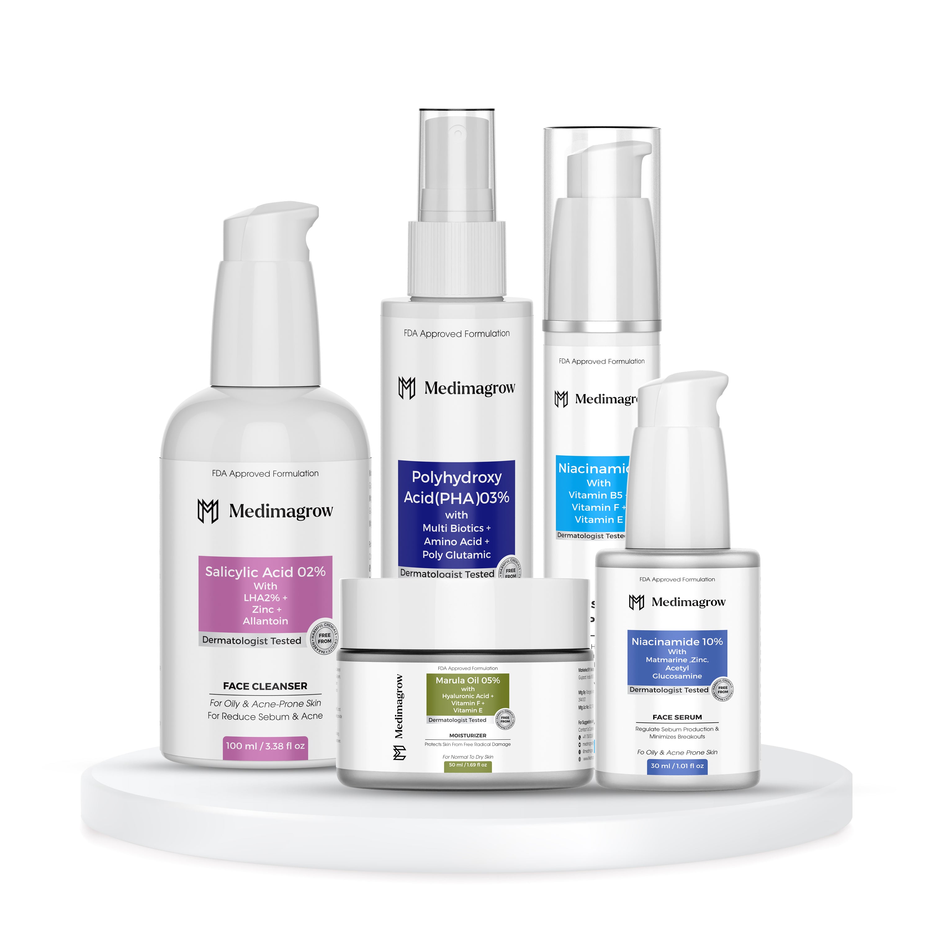 5-in-1 Glow & Pore Care Combo – Salicylic Cleanser, PHA Toner, Niacinamide Serum, Marula Moisturizer & SPF 50