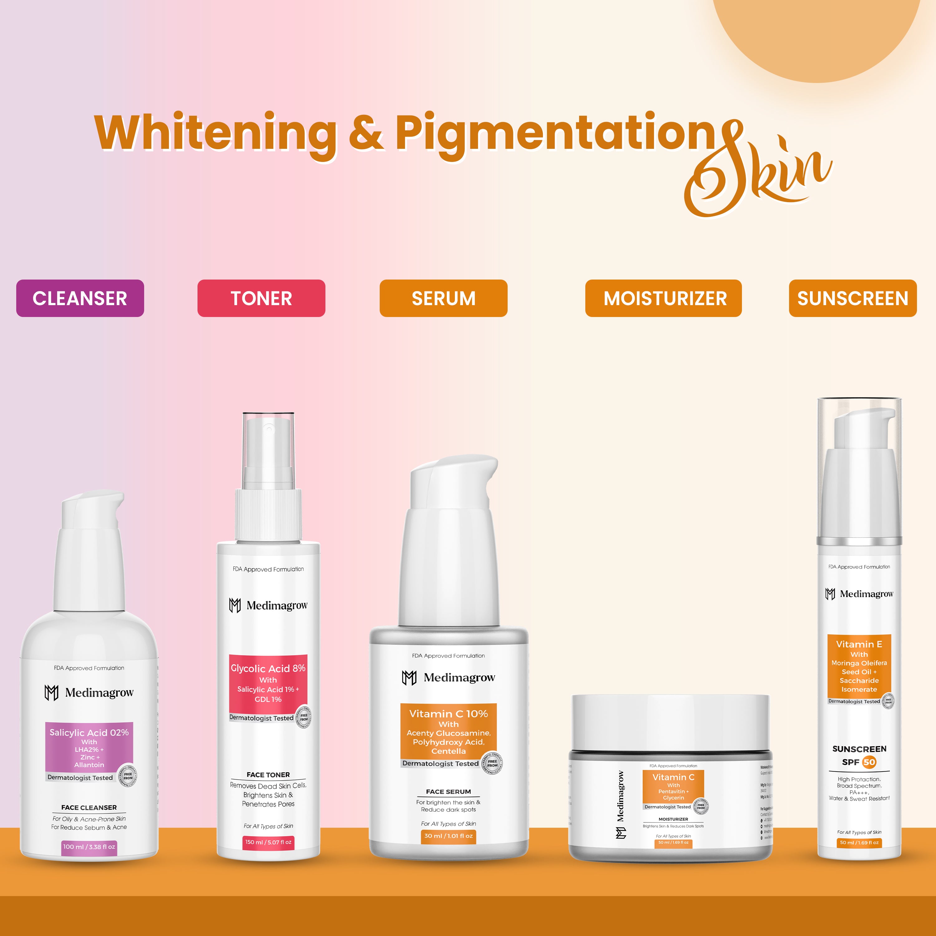 5-in-1 Skin Brightening Combo – Salicylic Cleanser, Glycolic Toner, Vitamin C Serum, Moisturizer & SPF 50